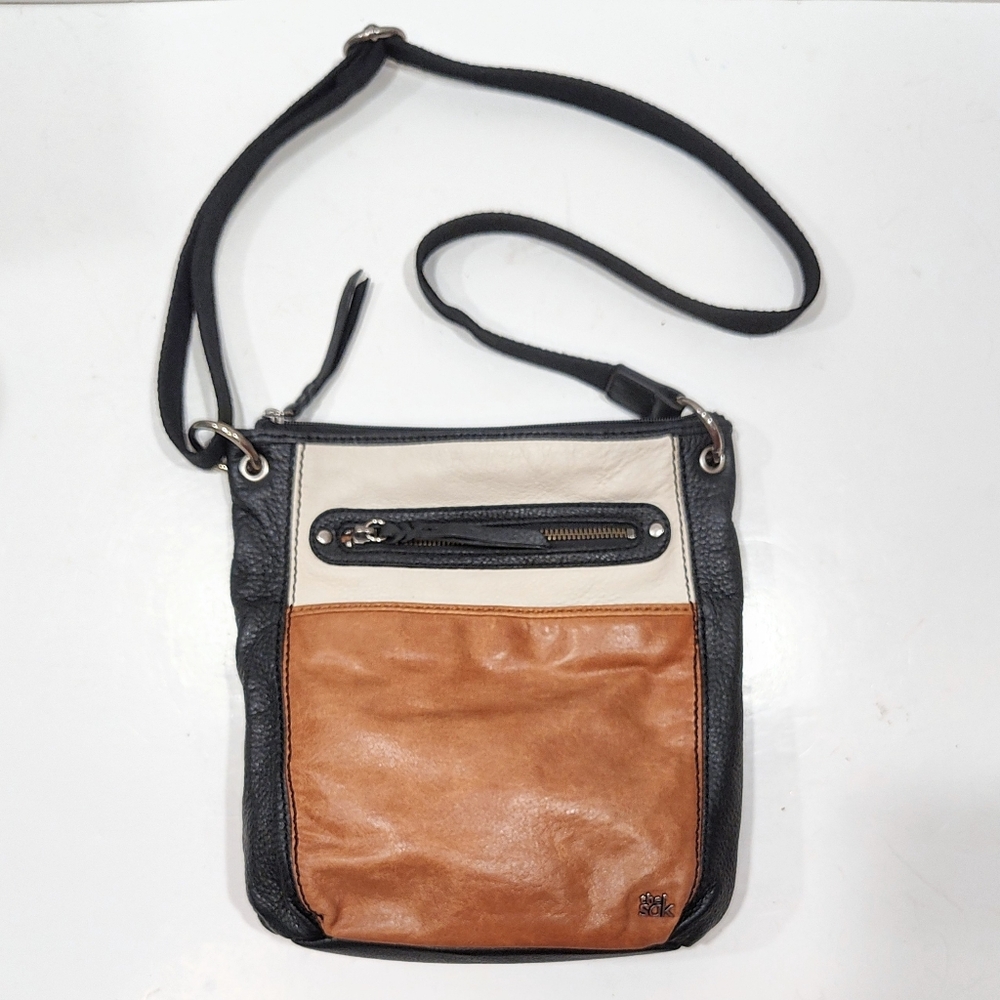 The Sak Laurel Crossbody Black Brown Beige Tri Color Leather Purse Shoulder Bag